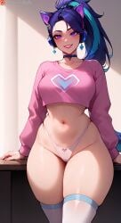 ai_generated bigzbig breasts choker color colored earrings headphones k/da_all_out_kai'sa k/da_all_out_series kai'sa large_breasts league_of_legends patreon_username purple_eyes riot_games solo standing thick_thighs two_tone_hair watermark