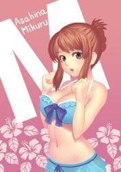 asahina_mikuru bikini bikini_skirt bikini_top_only blue_bikini breasts brown_hair cleavage female frills k+ large_breasts navel ribbon solo suzumiya_haruhi_no_yuuutsu swimsuit