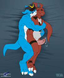 2boys after_sex afterglow anal anal_sex anthro bandai bed belly biceps big_penis black_skin blue_skin claws closed_eyes cum digimon duo embrace erection excessive_cum fangs from_behind furry furry_only gay grey_skin grin guilmon half-closed_eyes hat hug inflation looking_pleasured lying male male_only muscles nude on_bed on_side penetration penis red_skin scales scalie sex smile teeth thick_penis toe_claws uncut veemon white_skin wolfblade yaoi