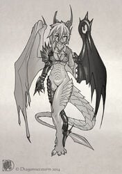 bottomless bra breasts clothed clothing dragon dragonnetstorm female fishnet half-dressed looking_at_viewer mechanical scalie skimpy solo standing underwear wings