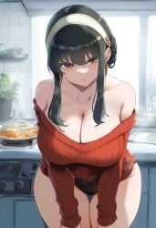 ai_generated big_breasts black_panties food jaygoats kitchen leaned_forward looking_at_viewer milf no_bra off_shoulder red_sweater smile spy_x_family thick_thighs yor_briar