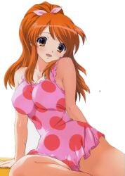 alternate_hairstyle asahina_mikuru blush breasts cameltoe casual_one-piece_swimsuit cleavage cover cover_page doujin_cover dress_swimsuit female frilled_one-piece_swimsuit frills highres large_breasts one-piece_swimsuit orange_eyes orange_hair polka_dot polka_dot_swimsuit ponytail scan sitting smile solo suzumiya_haruhi_no_yuuutsu swimsuit third-party_edit tim_tim_machine