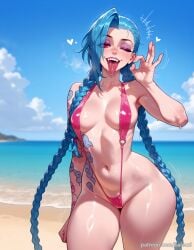 ai_generated arm_tattoo asymmetrical_bangs balecxi beach blue_hair braid day eyeshadow fellatio_gesture female heart jinx_(league_of_legends) league_of_legends long_hair looking_at_viewer makeup medium_breasts navel o-ring ocean one_eye_closed open_mouth oral_invitation outdoors patreon_username red_eyes saliva shiny_skin shoulder_tattoo slingshot_swimsuit smile solo stomach sweat swimsuit teeth thighs tongue tongue_out twin_braids wide_hips