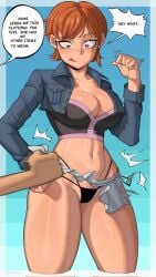 big_breasts black_panties curvy_body curvy_female curvy_figure female huge_thighs kessnio male miniskirt monkey_d_luffy nami one_piece orange_hair pre-timeskip skirt_grab thick_thighs water_7