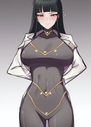 1girls black_hair cesara_(limbus_company) clothed_female coat female female_focus female_only green_eyes hands_behind_back labcoat large_breasts limbus_company long_hair looking_at_viewer project_moon skinsuit