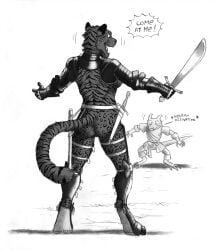 0laffson anthro biped duo english_text erection felid female fingers fur graphite_(artwork) hi_res holding_object holding_weapon horn hybrid jaguar jip_(shalak) kobold male mammal meme monochrome neuron_activation pantherine pencil_(artwork) river_(xanderh) scalie striped_body striped_fur stripes tail text tiger traditional_media_(artwork) weapon