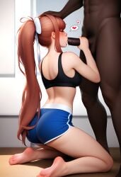 ai_generated dark-skinned_male doki_doki_literature_club dolphin_shorts kneeling kneeling_oral_position light-skinned_female monika_(doki_doki_literature_club)