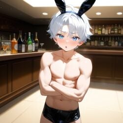 1:1 1:1_aspect_ratio 1boy :o ahoge ai_generated akari_oborodzuka bar black_bunny_ears black_shorts blossomtea blue_eyes blush blush_lines bulge bulge_through_clothing bulge_under_clothes bunny_boy bunny_costume bunny_ears bunnysuit collarbone crossed_arms dot_nose erection erection_under_clothes eyebrows eyebrows_visible_through_hair furrowed_brow furrowed_eyebrows genderswap_(ftm) half-closed_eyes half_body indoors kivotosxl_(model) light_blush looking_at_viewer masa_works_design navel nipples oni_to_kitsune_no_hanashi playboy_bunny portrait rule_63 self_upload short_hair shorts slightly_muscular slightly_muscular_male solo tareme white_eyebrows white_hair yodayo