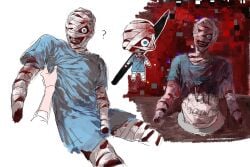 1boy 1other amputee bandages birthday_cake blood blood_on_bandages blue_eyes burn_scar cake curly_(mouthwashing) disfigured exposed_muscle food guro highres hospital_gown inukoxx77 male_focus mouthwashing_(game) multiple_views quadruple_amputee scar