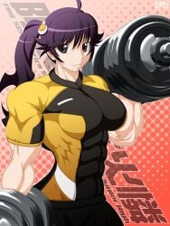 1girls ahoge alternate_muscle_size araragi_karen artist_name bakemonogatari bangs bare_arms biceps big_breasts big_muscles black_hair closed_mouth commentary_request covered_abs dated dumbbell egg_hair_ornament female female_only fried_egg grey_eyes hair_between_eyes hair_ornament halftone halftone_background hand_up holding holding_dumbbell holding_object human human_only large_breasts long_hair looking_at_viewer medium_bangs monochrome_background monogatari_(series) muscle muscle_girl muscles muscular muscular_arms muscular_female nisemonogatari pink_background ponytail red_background ren_(tainca2000) rentb short_sleeves side_ponytail sidelocks smile solo solo_female strong strong_woman teenage_girl teenager upper_body