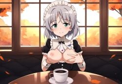 1girls ai_generated autumn blush breasts_out coffee cup grabbing_own_breast indoors lactation looking_at_viewer maid_headdress medium_breasts nipples pov restaurant sanya_v_litvyak smile strike_witches table world_witches_series