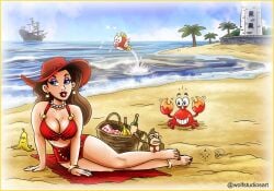 beach bedroom_eyes big_breasts bikini breasts brown_hair cheep_cheep cleavage eyeliner mario_(series) navel nintendo outdoors pauline sexy sidestepper smile wolfstudios wolfstudiosart