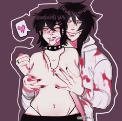 band-aid_on_nose black_hair blood blush breasts cross_necklace e_girl female grabbing_boobs hahadit_ jeff_the_killer nail_polish