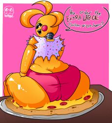 1girls 2d_(artwork) animatronic artist_signature ass ass_bigger_than_head ass_bigger_than_torso ass_focus chicken fat_ass female female_only five_nights_at_freddy's five_nights_at_freddy's_2 food furry hamb0ne looking_at_viewer looking_back pizza sharp_teeth sitting sitting_on_food table text toy_chica_(fnaf)