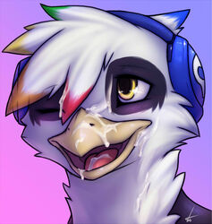 1boy 2014 anthro avian beak blush cum cum_on_face cynicalstarr feathers gryphon headphones looking_at_viewer male male_only open_mouth rainbow skoop smile solo tongue