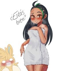 1girls blush dark-skinned_female dark_skin drawfag drawthread_request español freckles green_hair hair_down looking_at_viewer naked_towel nemona_(pokemon) nintendo parted_lips pawmot pokemon pokemon_sv simple_background spanish spanish_text text towel two_tone_hair wet white_background