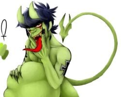 artist_request big_belly demon demon_horns demon_tail devil devil_horns devil_tail gorillaz long_tongue male_pred murdoc_niccals tongue_out unknown_artist vore vore_belly