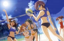 5girls armpits asahina_mikuru ass ball beach beach_volleyball bikini blush brown_hair closed_eyes day detexted hair_bobbles hair_ornament highres ikeda_shouko kyon's_sister long_hair looking_back multiple_girls nagato_yuki official_alternate_hairstyle official_art open_mouth playing_sports ponytail short_hair smile sports_bikini sportswear sun sunglasses suzumiya_haruhi suzumiya_haruhi_no_yuuutsu swimsuit thigh_gap third-party_edit tsuruya twintails very_long_hair visor_cap volleyball volleyball_(object) volleyball_net