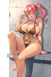 1girls artist_request azur_lane breasts bremerton_(azur_lane) bremerton_(pillowed_counseling)_(azur_lane) eagle_union_(azur_lane) female hi_res hips huge_breasts leopard_print long_hair naughty_face pink_eyes pink_hair side_ponytail tan tan-skinned_female tan_skin tanline tanlines tanned_skin thick_thighs thighs wide_hips