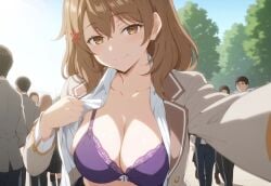 ai_generated big_breasts bra_visible_through_clothes brown_eyes brown_hair exposed_breasts huge_bra huge_breasts kiwifruit0501 light-skinned_female light_skin long_hair looking_at_viewer maria_mikhailovna_kujou massive_breasts public_indecency school_uniform schoolgirl smiling solo_female tokidoki_bosotto_russian_de_dereru_tonari_no_alya-san voluptuous voluptuous_female