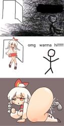 1boy 1girls ass big_ass meme omg_hi! red_bow red_eyes sex thighs twin_braids warma white_clothes white_hair white_socks