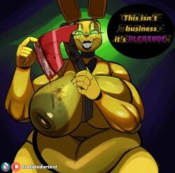 1girls absurd_res accessory animatronic anthro anthrofied areolae axe belly bent_over big_breasts bowtie breasts breasts_bigger_than_head bunny_girl busty chubby chubby_female curvaceous curvy curvy_figure dialogue digital_media_(artwork) english_text eyebrows eyelashes female female_focus female_only five_nights_at_freddy&#039;s five_nights_at_freddy&#039;s_3 fur furry genderswap_(mtf) glistening glistening_body glowing_eyes green_eyes hi_res hourglass_figure isolatedartest lagomorph leporid lipstick looking_at_viewer mammal mature_female milf motion_lines nail_polish nipples plump puffy_nipples rabbit robot robot_girl rule_63 rule_63 solo spring_bonnie spring_bonnie_(fnaf) springtrap_(fnaf) tagme text thick_thighs video_games voluptuous voluptuous_female wide_hips yellow_body yellow_fur