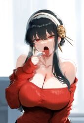 ai_generated big_breasts jaygoats milf no_bra off_shoulder open_mouth pointing_at_self red_sweater saliva seductive_eyes slim_waist spy_x_family steam tongue tongue_out yor_briar yor_forger