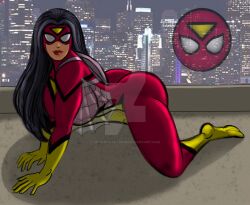 ass_focus black_hair gloves jessica_drew johnnyharadrim large_ass marvel marvel_comics mask red_suit spider-woman superhero_costume superheroine