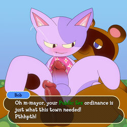 after_sex anal animal_crossing anthro bob_(animal_crossing) cat cum danjen duo feline fur furry furry_only gay male mammal nintendo outside penis public tanuki tom_nook