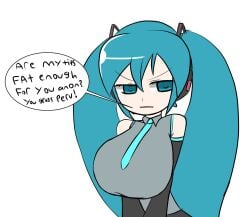 1girls alternate_breast_size annoyed aqua_eyes aqua_hair bare_shoulders black_skirt black_sleeves breasts closed_mouth clothed collared_shirt detached_sleeves english_text grey_shirt hatsune_miku headphones huge_breasts iggy-bomb looking_to_the_side pale_skin skirt speech_bubble text tsundere twintails vocaloid