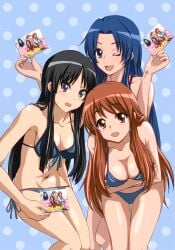 3girls aisaka_taiga asahina_mikuru bakemonogatari bent_over bikini black_eyes black_hair black_thighhighs blue_eyes blue_hair breasts brown_eyes brown_hair cleavage crossover female_only front-tie_top hachikuji_mayoi k-on! kawashima_ami large_breasts long_hair midriff mio_akiyama_(k-on!) monogatari_(series) multiple_girls navel no10 one_eye_closed photoshop_(medium) pink_hair polka_dot school_uniform serafuku side-tie_bikini_bottom sitting suzumiya_haruhi_no_yuuutsu swimsuit to_aru_kagaku_no_railgun to_aru_majutsu_no_index toradora! tsukuyomi_komoe twintails