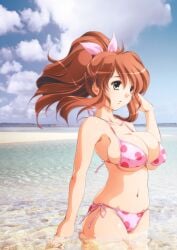 adjusting_hair asahina_mikuru beach bikini breasts brown_eyes brown_hair bursting_breasts cleavage cloud commentary_request day female hair_ribbon kantori large_breasts mole mole_on_breast navel ocean outdoors photo_background pink_bikini polka_dot polka_dot_bikini ponytail ribbon side-tie_bikini_bottom skindentation sky solo standing suzumiya_haruhi_no_yuuutsu swimsuit underboob wading water wind