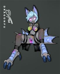 anthro bat blue_hair blue_nipples blue_nose blue_pussy bodily_fluids breasts buttplug clothing dragonfu dreamkeepers female fishnet_clothing fur genitals glowing glowing_eyes grey_body grey_fur hair hi_res lactating mammal membrane_(anatomy) membranous_wings nipples plug_(sex_toy) purple_eyes pussy sex_toy solo spread_legs spreading vanth wings