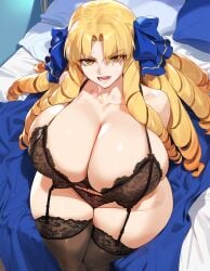 1girls ai_generated big_breasts blonde_hair breasts fate/stay_night fate_(series) female female_focus huge_breasts large_breasts light-skinned_female long_hair looking_at_viewer luviagelita_edelfelt smiling smiling_at_viewer thick_thighs thighs yellow_eyes