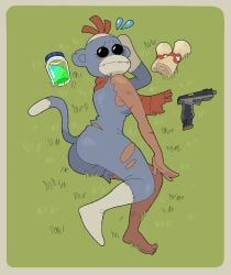 1girls ass back bandage bare_shoulder bodysuit clothed clothed_female clothing costume dark-skinned_female dark_skin epic_games feet female female_only firearm fortnite fortnite:_battle_royale full_body fully_clothed gun human hurt injury jar looking_at_viewer lying lying_down lying_on_side monkey_girl monkey_tail monks_(fortnite) nervous nervous_expression nervous_sweat on_side pose posing red_scarf ripped_bodysuit ripped_clothes ripped_clothing ripped_pants scar scarf simple_background simple_coloring sock_monkey solo solo_female stitches sweatdrop tail thighs toes torn_clothes torn_clothing xemonorph