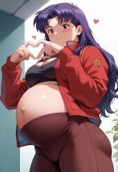 ai_generated big_belly big_breasts cleavage finger_heart heart_fingers misato_katsuragi neon_genesis_evangelion pregnancy pregnant pregnant_belly purple_hair ready_to_pop sports_bra yoga_pants