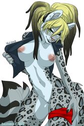 anthro black_fur blonde_hair bottomless breasts brown_hair clothed clothing ear_piercing feline female fur grey_fur hair half-dressed leopard looking_at_viewer mammal nipples one_eye_closed open_clothes open_shirt partially_clothed piercing pink_nose satsukii shirt skimpy smile snow_leopard solo yuliana