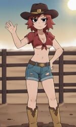 ai_generated ass bigmic145 black_eyes breasts cleavage cowboy_boots cowboy_hat farmgirl female female_only freckles freckles_on_face front-tie_top jean_shorts jeans kim_pine legs medium_breasts midriff navel netflix red_hair scott_pilgrim scott_pilgrim_takes_off solo solo_female underboob