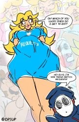 artist_self-insert blonde_hair blue_shirt dp1up giantess long_shirt mario_(series) pink_lips princess_peach shy_guy vore