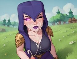 ai_generated clash_(series) clash_of_clans clash_royale cum cum_in_ass cum_inside cum_on_body cum_on_breasts cum_on_face eyelashes pink_eyes purple_clothing witch_(clash_of_clans)