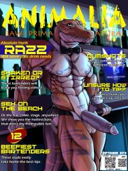 alligator alligatorid anthro balls bar bow_tie cover crocodilian erection eyewear genitals glasses hi_res humanoid_genitalia humanoid_penis iudicium86 looking_at_viewer magazine_cover male muscular penis reptile scalie solo standing tail