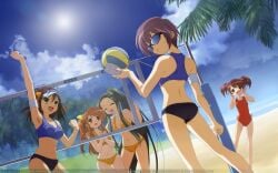 5girls ^_^ armpits asahina_mikuru ass back ball beach beach_volleyball bikini closed_eyes cloud day highres ikeda_shouko kyon's_sister long_hair looking_back multiple_girls nagato_yuki navel ocean outdoors photoshop_(medium) ponytail sky sports_bra sun sunglasses suzumiya_haruhi suzumiya_haruhi_no_yuuutsu swimsuit thigh_gap tsuruya very_long_hair visor_cap volleyball volleyball_(object) volleyball_net