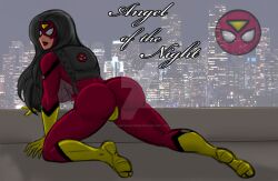 1girls ass ass_focus black_hair breasts deviantart female female_only gloves jessica_drew johnnyharadrim large_ass marvel marvel_comics mask red_suit solo solo_female spider-woman superhero_costume superheroine text watermark