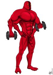 abs alien amber_eyes balls barefoot ben_10 ben_tennyson biceps big_muscles black_skin bodybuilding erection fourarms humanoid humanoid_penis male male_only muscles nude pecs penis plain_background pose red_penis red_skin scales smile solo spines standing toned vein vogelrove weightlifting weights white_background