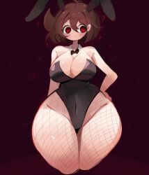 big_breasts blush brown_hair bunny_ears bunnysuit cleavage emi_(gazericc) fishnets gazericc light-skinned_female massive_thighs original_character red_eyes short_hair simple_background thick_thighs