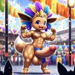 3_toes 4_fingers abs ai_generated anklets anthro anthro_male anthro_only armlets audience being_watched bracelets brazilian_carnival_outfit carnival celebration colorful confetti crowd cub curvy curvy_figure cute eevee feathered_headdress femboy feminine feminine_male flexing furry furry_male furry_only hard_nipples headdress hung hyper hyper_balls hyper_penis loincloth male mardi_gras nai_diffusion necklace pecs pokemon pokemon_(species) public purple_hair skimpy small_but_hung smile solo_focus standing swollen_balls thick_penis thick_thighs veiny_balls veiny_penis veiny_testicles wide_hips young