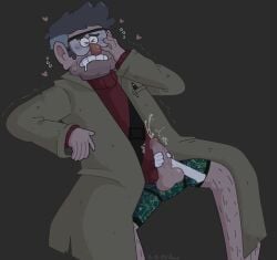 2d 2d_(artwork) 2d_artwork blush blushing closed_eyes clothed cum cum_on_clothes cumshot digital_drawing_(artwork) digital_media_(artwork) disembodied_hand disembodied_limb drooling ford glasses gravity_falls hairy_legs hand_on_face jerkingoff_another male_only movement_lines no_pants overwhelmed spread_legs spreading stanford_pines sweatdrop sweater tagme tremble_spikes trembling trenchcoat underwear