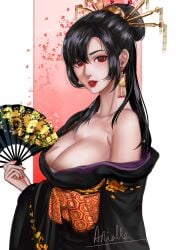 1girls arialla_draws bare_shoulders big_breasts black_hair breasts cleavage cosplay earrings fan female final_fantasy final_fantasy_vii final_fantasy_vii_remake headdress japanese_clothes kimono lipstick looking_at_viewer madam_m madam_m_(cosplay) nail_polish red_eyes solo tifa_lockhart