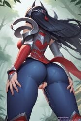 black_hair female forest irelia_xan league_of_legends long_hair pussy pussy_juice pussy_juice_drip royrathehot solo solo_female standing torn_clothes