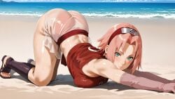 1girls ai_generated arched_back armpit armpits back back_arch black_shorts breasts cat_pose covered_nipples elbows female female_only gloves green_eyes human krispykenny kunoichi naruto naruto_(classic) naruto_(series) naruto_shippuden ninja nipple_bulge pink_hair pose posing pressing_breasts sakura_haruno sandals shorts shoulders sleeveless sleeveless_shirt solo transparent transparent_clothing wet young_female